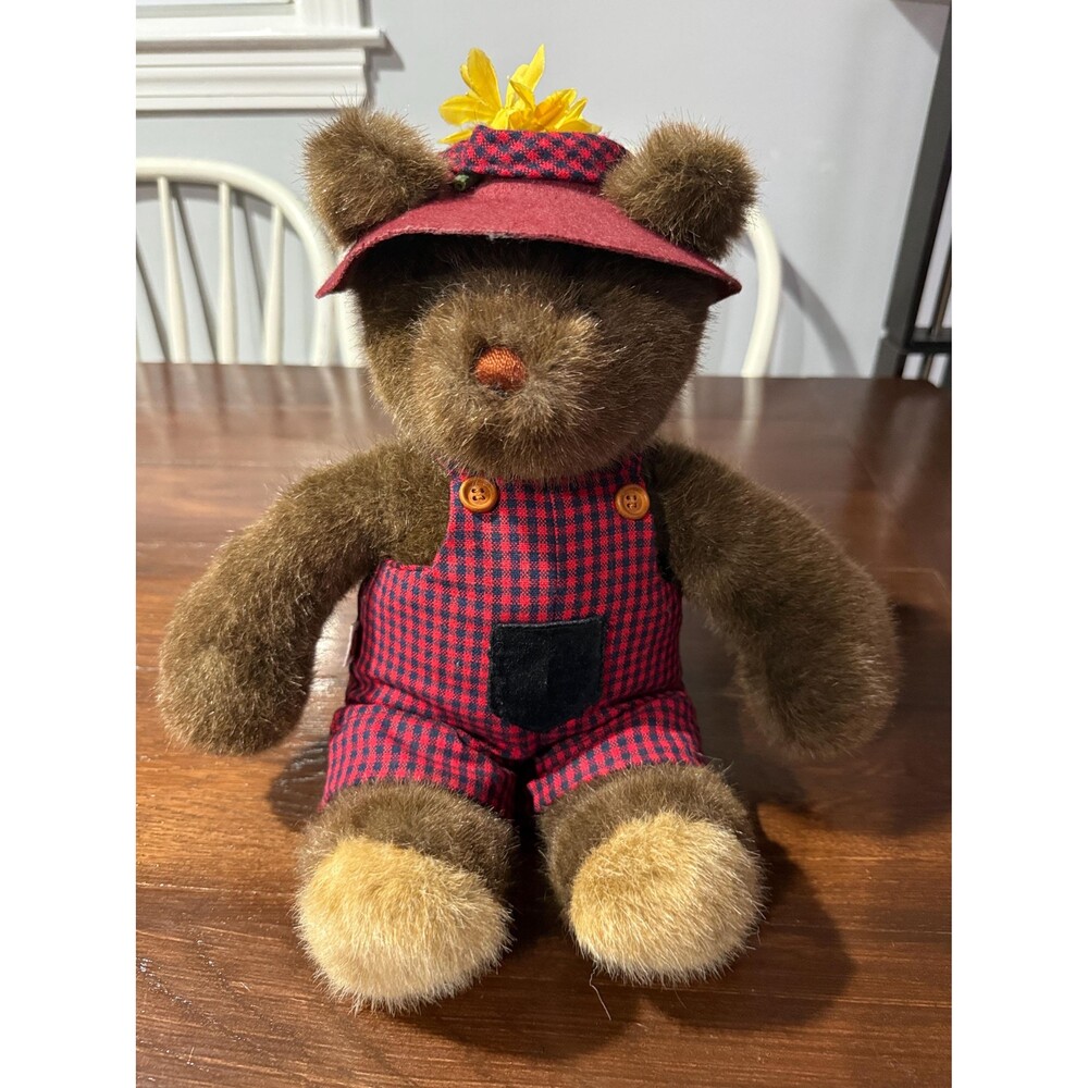 Vintage 1985 GUND Bear Tales Teddy Bear #2131 Plaid Overalls Hat Flower Plush St